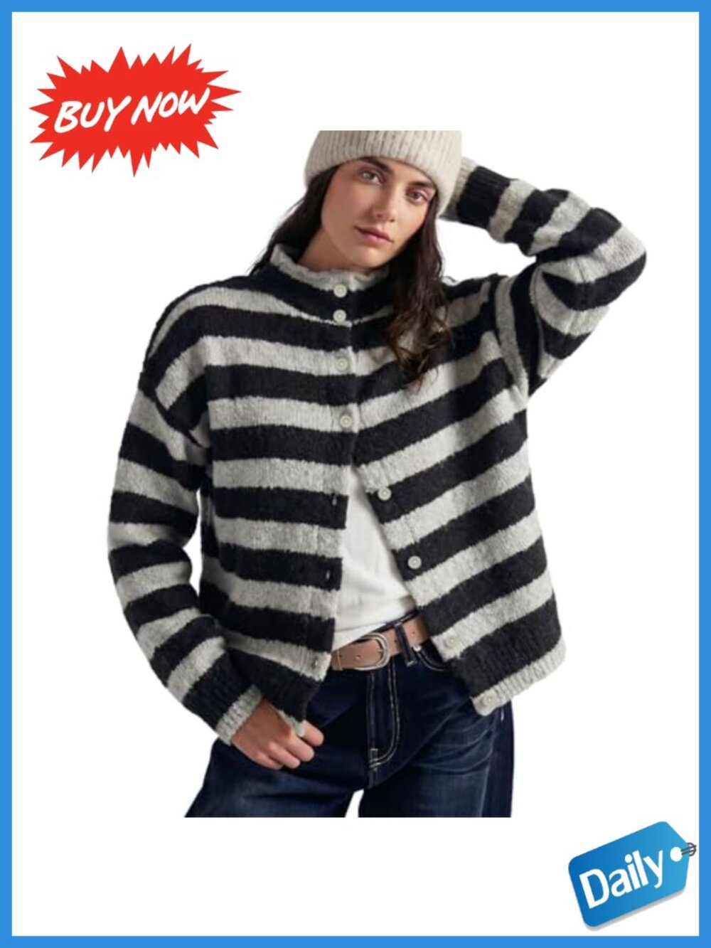 Women's Striped Button Down Cardigan Long Sleeve Knit Sweater